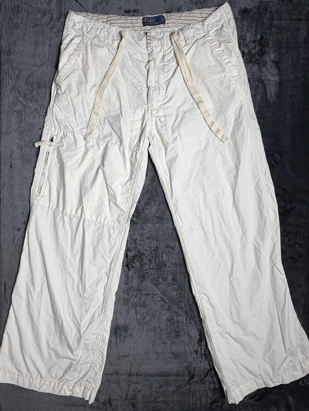 Polo Ralph Lauren Oxford Cargo Pants Mens XL White Lion Crest Drawstring Vtg Y2K